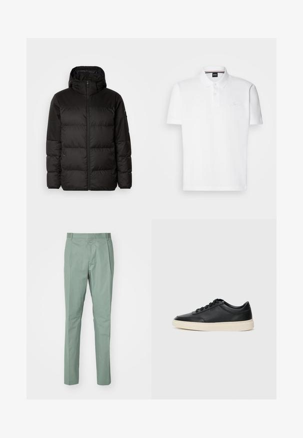 Mustikas puffer-jakk sisaldab tõmblukku, kapuutsi, tikandiga osi ja elastseid mansette, valmistatud siledast veekindlast materjalist.; Valge polo särk, mis on valmistatud puuvilla ja polüestri segust, omades kraed, kaht nuppu pliiatsis ning peent tikandit rinnal.; Heledad rohelised püksid sirge lõikega, lamedate esiosadega, kahe külje tasku ning sujuva kangatekstuuriga. Pole nähtavaid mustreid ega riistvara.; Mustad musta nahast madal sneaker mustade nööpidega ja kreemivalge tallaga, nähtud külgprofiilis valge tausta ees.