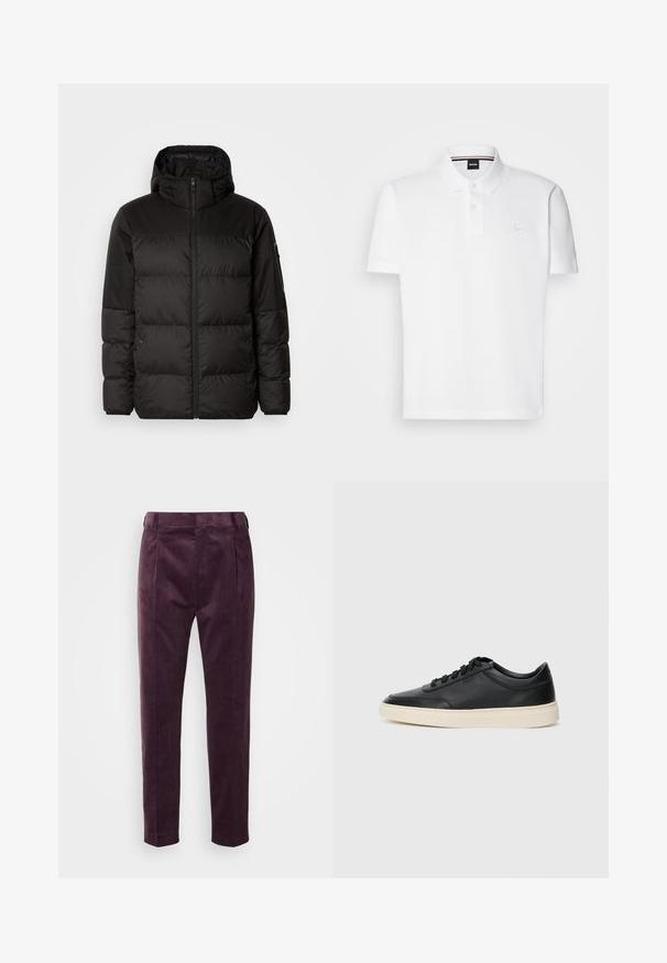 La doudoune noire est dotée d'une fermeture éclair, d'une capuche, de sections matelassées et de poignets élastiques, fabriquée à partir d'un matériau lisse et résistant à l'eau.; Polo shirt blanc en mélange de coton et polyester, doté d'un col, d'une patte de boutonnage à deux boutons et d'un logo brodé discret sur la poitrine.; Pantalon en velours côtelé violet avec une coupe droite, présentant des plis sur le devant, des poches latérales et une texture lisse. L'ourlet se termine au-dessus de la cheville.; Baskets en cuir noires à tiges basses avec lacets noirs et semelle ivoire, présentées en profil latéral sur fond blanc.