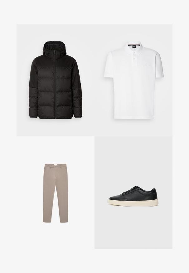 A fekete steppelt dzseki cipzáros záródással, kapucnival, steppelt részekkel és rugalmas mandzsettákkal rendelkezik, sima, vízálló anyagból készült.; Fehér pólóing, pamut-poliészter keverékből készült, gallérral, két gombos záródással és diszkrét hímzett logóval a mellkasán.; Beige, testre szabott nadrág, szűk fazonnal, cipzáras, elülső zsebekkel és finom, texturált mintázattal. Könnyű szövetből készült.; Fekete, alacsony szárú bőrsneaker fekete fűzőkkel és törtfehér talppal, oldalnézetben, fehér háttér előtt.
