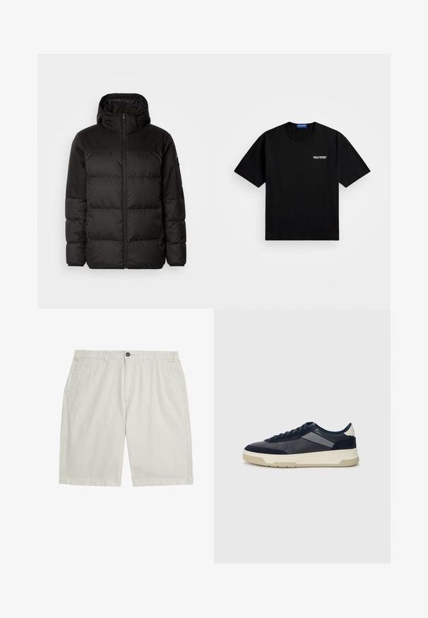 Black puffer jacket features a zip closure, a hood, quilted sections, and elastic cuffs, made from a smooth, water-resistant material.; Black cotton t-shirt with a round neckline and short sleeves. Features "POLO SPORT" logo on the left chest in white. Standard fit.; Light beige knee-length shorts with front pockets, belt loops, button closure, and clean, smooth fabric.; BOSS BALTIMORE - Trainers - open blue