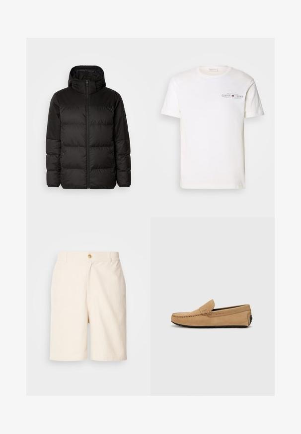 Čierna prešívaná bunda má zips, kapucňu, prešívané sekcie a elastické manžety, vyrobená z hladkého, vodeodolného materiálu.; Biela bavlnená tričko s okrúhlym výstrihom, krátkymi rukávmi a potlačeným logom. Má minimalistický dizajn a voľný strih.; Les Deux JOHNNY CASUAL - Šortky - ivory; Béžová semišová mokasína s prešitým špikom, jednoduchým obutím a čiernou gumovou podrážkou. Obsahuje jemné logo na boku.