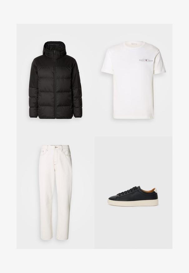 Black puffer jacket features a zip closure, a hood, quilted sections, and elastic cuffs, made from a smooth, water-resistant material.; White cotton t-shirt with a crew neck, short sleeves, and a printed logo. Features minimalist design and relaxed fit.; White denim jeans with a straight leg design, featuring stitched seams, a metal button closure, and standard five-pocket construction.; Black leather sneakers with a smooth texture, beige rubber sole, lace-up design, and a contrasting heel accent.