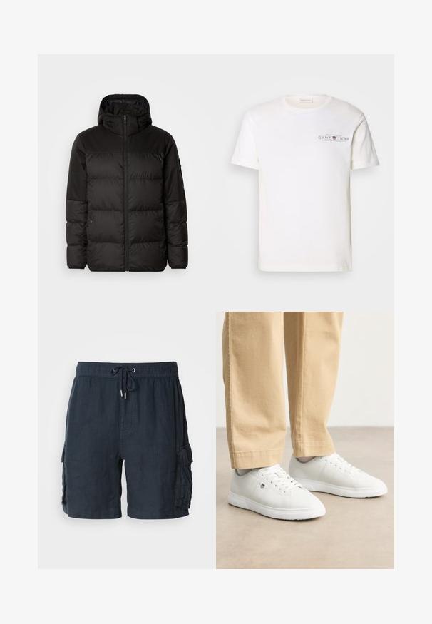 Mustikas puffer-jakk sisaldab tõmblukku, kapuutsi, tikandiga osi ja elastseid mansette, valmistatud siledast veekindlast materjalist.; Valge puuvillane T-särk ümmarguse kaelusega, lühikeste varrukatega ja trükitud logoga. Omab minimalistlikku disaini ja vabalt langevat stiili.; Meeste tume merevaigukollane cargo lühikesed püksid, valmistatud kergetest kangast, millel on elastne vöökoht ja pael, ning kaks küljetaskut.; Valged nahast tossud siledaga lõpetusega, ümarate varvastega, paeltega kinnitatud disain ja külgedel peene logoga, kombineeritud beežide pükstega.