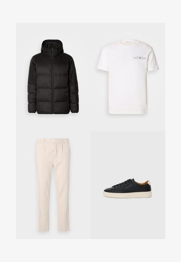 Black puffer jacket features a zip closure, a hood, quilted sections, and elastic cuffs, made from a smooth, water-resistant material.; White cotton t-shirt with a crew neck, short sleeves, and a printed logo. Features minimalist design and relaxed fit.; Beige patterned trousers featuring a subtle leaf design, well-tailored, with a button closure and side pockets. Smooth fabric texture.; Black leather sneakers with a smooth texture, beige rubber sole, lace-up design, and a contrasting heel accent.