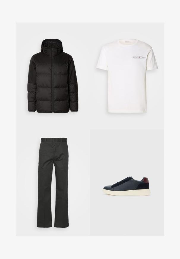 A jaqueta puffer preta apresenta um fecho zip, um capuz, secções acolchoadas e punhos elásticos, confeccionada em um material liso e resistente à água.; T-shirt de algodão branco com decote redondo, mangas curtas e logotipo impresso. Apresenta um design minimalista e um corte relaxado.; Calças pretas feitas de um tecido suave, com um design de perna reta, passagens para o cinto e costura visível. Sem bolsos ou padrões.; Sapatilha baixa masculina em couro preto e camurça com aba de calcanhar em amarelo-escuro e sola de borracha branca, vista do lado exterior.