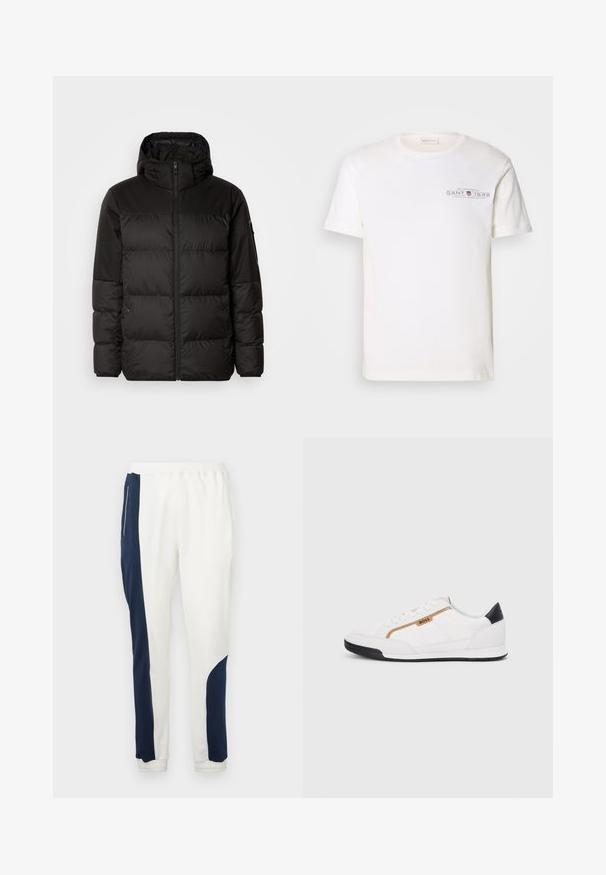 Black puffer jacket features a zip closure, a hood, quilted sections, and elastic cuffs, made from a smooth, water-resistant material.; White cotton t-shirt with a crew neck, short sleeves, and a printed logo. Features minimalist design and relaxed fit.; White jogger pants featuring navy side panels and elastic cuffs, made of soft fabric with a smooth texture and a drawstring waistband.; White athletic shoes with mesh and leather accents. Features a gold "BOSS" logo, textured side panels, and a black heel cap. Rubber sole.