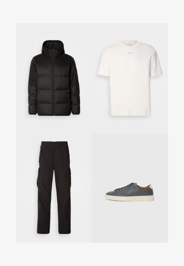 A fekete steppelt dzseki cipzáros záródással, kapucnival, steppelt részekkel és rugalmas mandzsettákkal rendelkezik, sima, vízálló anyagból készült.; Fehér pamut póló, kerek nyakkal, rövid ujjakkal és hímezett "Calvin Klein" logóval a mellkas közepén. Egyszerű design.; Fekete cargo nadrág egyenes fazonnal, elasztikus derékpánttal, több oldalsó zsebbel és strapabíró textúrájú anyaggal.; Szürke bőr sportcipő kerek orral, gumitalppal, lapos fűzőkkel és világos színű részletekkel a sarkán. Simás textúrával és minimalista dizájnnal rendelkezik.