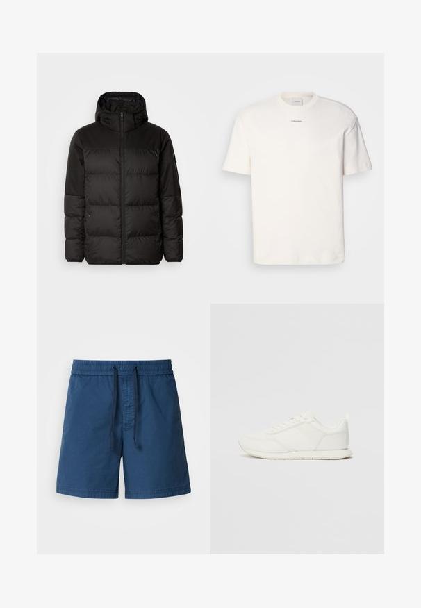 Melna pūkainā jakā iezīmes ir rāvējslēdzēja aizdare, kapuce, kvadrātveida šuves un elastīgas aproces, izgatavota no gludas, ūdensizturīgas vielas.; Balta kokvilnas T-kreklu ar apaļu kaklu, īsām piedurknēm un izšūtu "Calvin Klein" logotipu krūšu centrā. Vienkāršs dizains.; Tumši zilie peldkostīmi ar elastīgu jostu, savelkamu auklu un strukturētu audumu. Dizains paredz taisnu piegriezumu un bez kabatām.; Baltie sporta apavi ar mežģīņu un sintētisko augšdaļu, apaļu purngalu, plakanu mežģīņu un teksturētu sānu joslu. Gumijas zole ar cilpu aizmugurē.