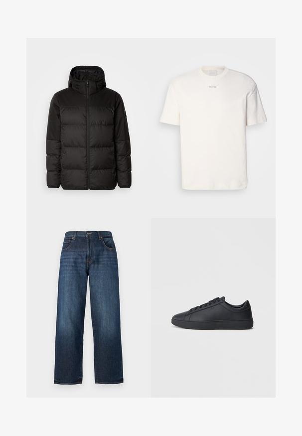 Černá péřová bunda má zipový uzávěr, kapuci, prošívané části a elastické manžety, vyrobená z hladkého, voděodolného materiálu.; Bílá bavlněná tričko s kulatým výstřihem, krátkými rukávy a vyšitým logem "Calvin Klein" na prostředku hrudi. Jednoduchý design.; Tmavě modré denimové džíny se středním střihem, viditelným šitím, pěti kapsami a zapínáním na knoflík v pase. Hladká textura.; Černé tenisky z hladké kůže s nízkým designem, kulatou špičkou a plochou gumovou podrážkou. Mají šněrování a nenápadné branding.