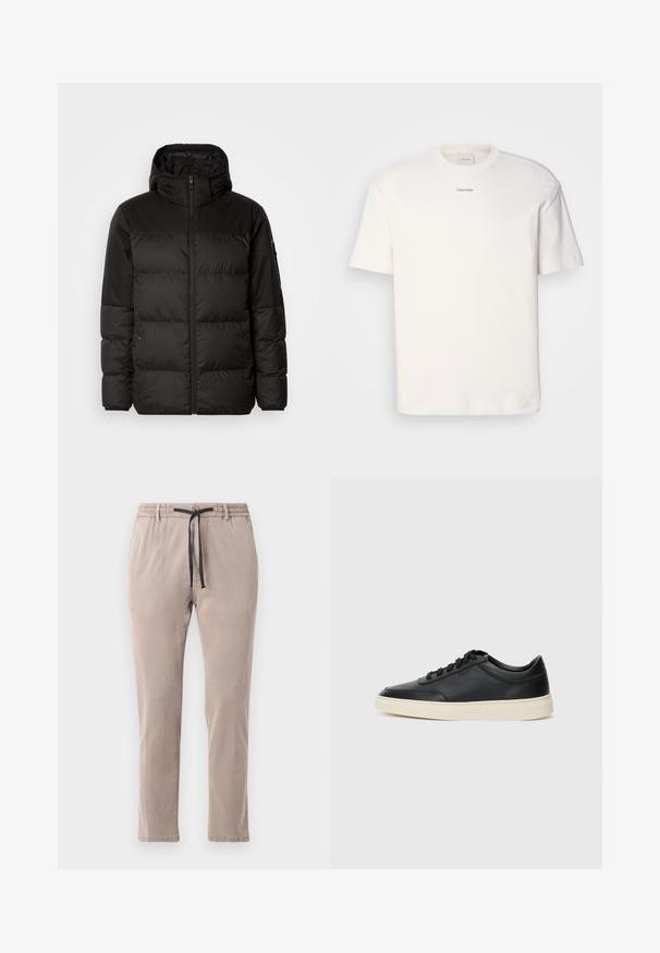 A fekete steppelt dzseki cipzáros záródással, kapucnival, steppelt részekkel és rugalmas mandzsettákkal rendelkezik, sima, vízálló anyagból készült.; Fehér pamut póló, kerek nyakkal, rövid ujjakkal és hímezett "Calvin Klein" logóval a mellkas közepén. Egyszerű design.; Beige színű nadrág, rugalmas derékkal és fekete húzózsinórral. Egyenes szárú kialakítás, puha tapintással és minimális varrási részletekkel.; Fekete, alacsony szárú bőrsneaker fekete fűzőkkel és törtfehér talppal, oldalnézetben, fehér háttér előtt.