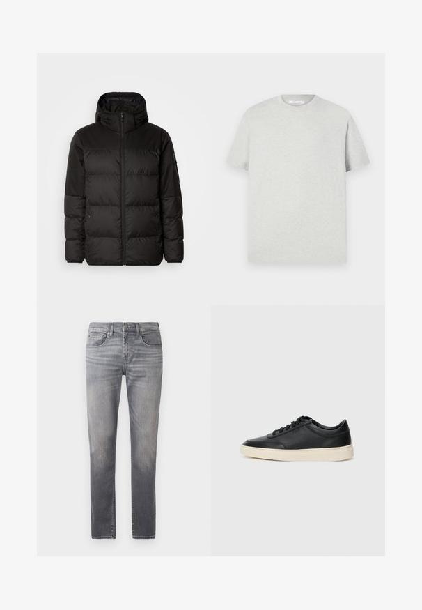 Μαύρο μπουφάν με φερμουάρ, κουκούλα, παραγεμισμένα τμήματα και ελαστικές μανσέτες, κατασκευασμένο από λείο, αδιάβροχο υλικό.; Ανοιχτό γκρι κοντομάνικο μπλουζάκι από μαλακό υλικό, με στρογγυλή λαιμόκοψη και χαλαρή εφαρμογή χωρίς ορατά σχέδια ή λεπτομέρειες.; Γκρι τζιν παντελόνι με ίσια γραμμή, με φθαρμένο σχέδιο, πέντε τσέπες και κανονική μέση με κούμπωμα.; Μαύρο δερμάτινο σνίκερ χαμηλού προφίλ με μαύρες κορδόνες και ελαφρώς λευκή σόλα, εμφανίζεται σε πλάγια προφίλ σε λευκό φόντο.
