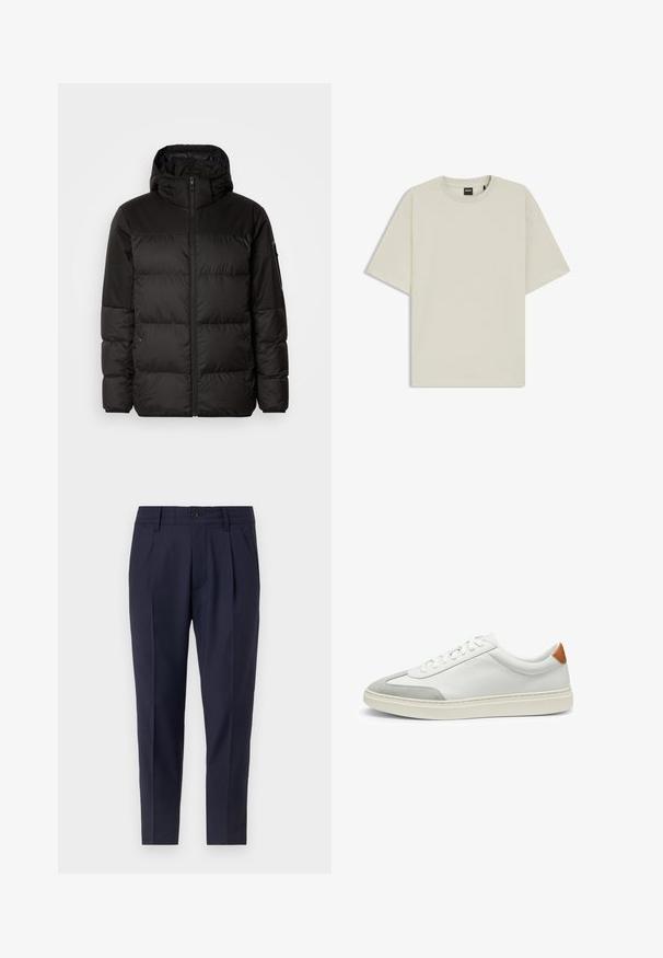 Sort pufferjakke med lynlås, hætte, quiltede sektioner og elastiske manchetter, lavet af et glat, vandafvisende materiale.; Lys beige t-shirt lavet af blødt bomuld, med en afslappet pasform, rund hals og korte ærmer. Ingen synlige mønstre eller detaljer.; Marineblå bukser med skræddersyet pasform, der har plisseringer, knaplukning og sidelommer. Lavet af et glat stof med en let glans.; Hvide lædersneakers med grå ruskindsdetaljer og en tan læderhæltap. Har en struktureret overflade og en let sål.