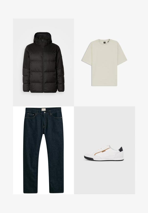 Il giubbotto puffo nero presenta una chiusura con zip, un cappuccio, sezioni trapuntate e polsini elastici, realizzato in un materiale liscio e resistente all'acqua.; T-shirt beige chiaro realizzato in morbido cotone, con una vestibilità rilassata, colletto rotondo e maniche corte. Nessun motivo o dettaglio visibile.; Jeans in denim blu scuro con un design a gamba dritta, stile a cinque tasche e cuciture a contrasto sulle cuciture. Texture del tessuto liscia.; Scarpe sportive bianche con accenti in rete e pelle. Presentano un logo dorato "BOSS", pannelli laterali testurizzati e un copri tallone nero. Suola in gomma.