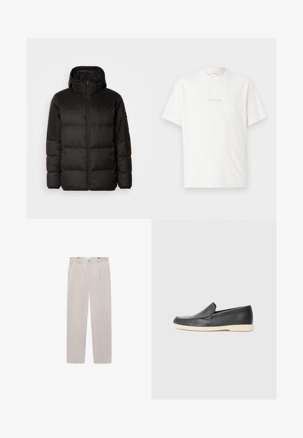 Černá péřová bunda má zipový uzávěr, kapuci, prošívané části a elastické manžety, vyrobená z hladkého, voděodolného materiálu.; Bílá bavlněná tričko s kulatým výstřihem, krátkými rukávy a malým vytištěným logem na přední straně. Hladká textura a volný střih.; Světle béžové kalhoty vyrobené z měkké tkaniny, s rovný střih, dvěma bočními kapsami a předním zapínáním na knoflík. Lehká a hladká textura.; Černé kožené mokasíny na klínku s texturovaným povrchem a kontrastní béžovou gumovou podrážkou. Vyznačují se jemným akcentem podél přední části.