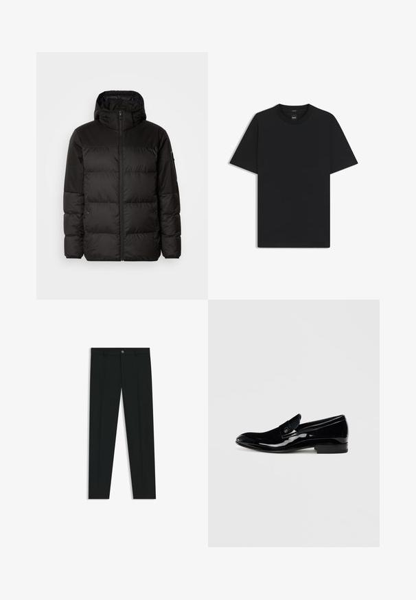 Schwarze Pufferjacke mit Reißverschluss, Kapuze, gesteppten Abschnitten und elastischen Bündchen, hergestellt aus einem glatten, wasserabweisenden Material.; Schwarz T-Shirt mit kurzen Ärmeln aus einem glatten Baumwollmix, mit Rundhalsausschnitt und einem minimalistischen Design ohne Muster oder Akzente.; Schwarze Anzughosen mit geradem Bein, aus glattem Stoff. Mit Knopfverschluss vorne und Gürtelschlaufen. Schlicht ohne Muster.; Schwarze lackleder Loafers mit glatter Oberfläche, runder Zehenpartie und einem dekorativen Riemen über dem Vorderfuß. Niedriger Blockabsatz.