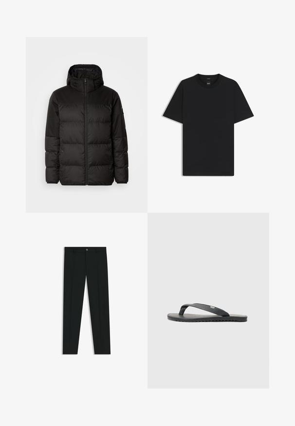 Musta puhvijakku sisältää vetoketjun, hupun, tilkuista koostuvia osioita ja joustavat hihansuut. Se on valmistettu sileästä, vedenpitävästä materiaalista.; Musta lyhythiha T-paita, joka on valmistettu sileästä puuvillasekoitteesta. Paita on varustettu pyöreällä pääntiehen ja siinä on minimaalinen muotoilu ilman kuvioita tai yksityiskohtia.; Musta housut, joissa on suora lahje, valmistettu sileästä kankaasta. Edessä nappisulku ja vyölenkit. Yksinkertainen ilman kuvioita.; Musta flip-flop teksturoiduilla remmeillä, tasapohjalla ja sahalaitapinnalla. Valmistettu kumista, jossa on sileä pinta ja minimalistinen muotoilu.