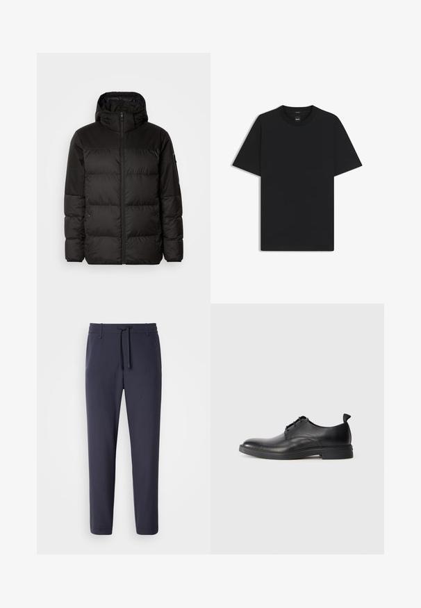 Black puffer jacket features a zip closure, a hood, quilted sections, and elastic cuffs, made from a smooth, water-resistant material.; Black short-sleeve T-shirt made from a smooth cotton blend, featuring a crew neckline and a minimalistic design with no patterns or accents.; Navy jogger pants with an elastic waistband and drawstring. Made of smooth material, featuring tapered legs and no visible pockets.; Black leather men's dress shoe with lace-up closure and pull tab on heel, shown in side profile on plain white background.