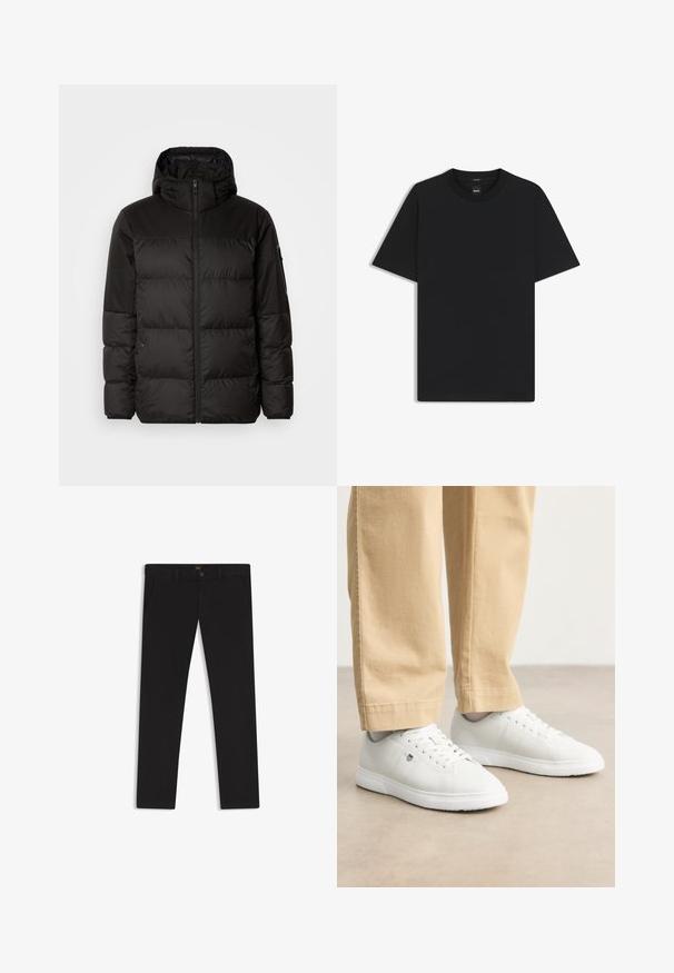 Schwarze Pufferjacke mit Reißverschluss, Kapuze, gesteppten Abschnitten und elastischen Bündchen, hergestellt aus einem glatten, wasserabweisenden Material.; Schwarz T-Shirt mit kurzen Ärmeln aus einem glatten Baumwollmix, mit Rundhalsausschnitt und einem minimalistischen Design ohne Muster oder Akzente.; Schwarze Hosen aus einem Stoff mit glatter текстуре. Verfügt über einen Knopfverschluss, Gürtelschlaufen und Seitentaschen. Klassisches Design mit geradem Bein.; Weiße Ledersneaker mit glatter Oberfläche, runde Zehenpartie, Schnürdesign und dezente Logo-Details an der Seite, kombiniert mit beigen Hosen.