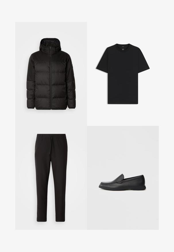Black puffer jacket features a zip closure, a hood, quilted sections, and elastic cuffs, made from a smooth, water-resistant material.; Black short-sleeve T-shirt made from a smooth cotton blend, featuring a crew neckline and a minimalistic design with no patterns or accents.; Black jogger pants made of smooth fabric. Feature an elastic waistband with a drawstring, tapered legs, and no visible pockets. Simple design.; Black leather slip-on loafer with textured upper, rounded toe, low heel, and rubber sole, shown in side profile on white background.