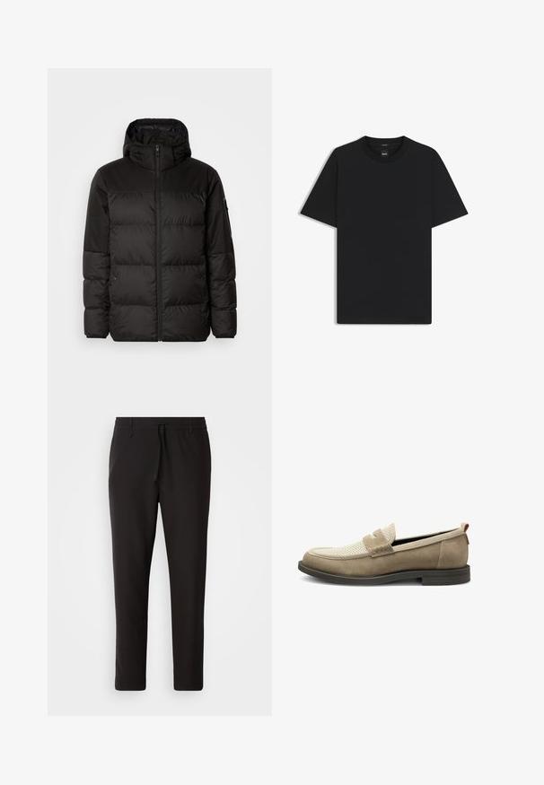 La chaqueta acolchada negra tiene un cierre de cremallera, capucha, secciones acolchadas y puños elásticos, hecha de un material suave y resistente al agua.; Camiseta negra de manga corta fabricada con una suave mezcla de algodón, que presenta un cuello redondo y un diseño minimalista sin patrones ni acentos.; Pantalones de chándal negros de tejido suave. Cuentan con una cintura elástica con cordón, piernas ajustadas y sin bolsillos visibles. Diseño sencillo.; Mocasines de ante marrón claro con una sección de malla en la parte superior, detalle rectangular en la puntera y suela de goma texturizada. Presentan un acento rojo.