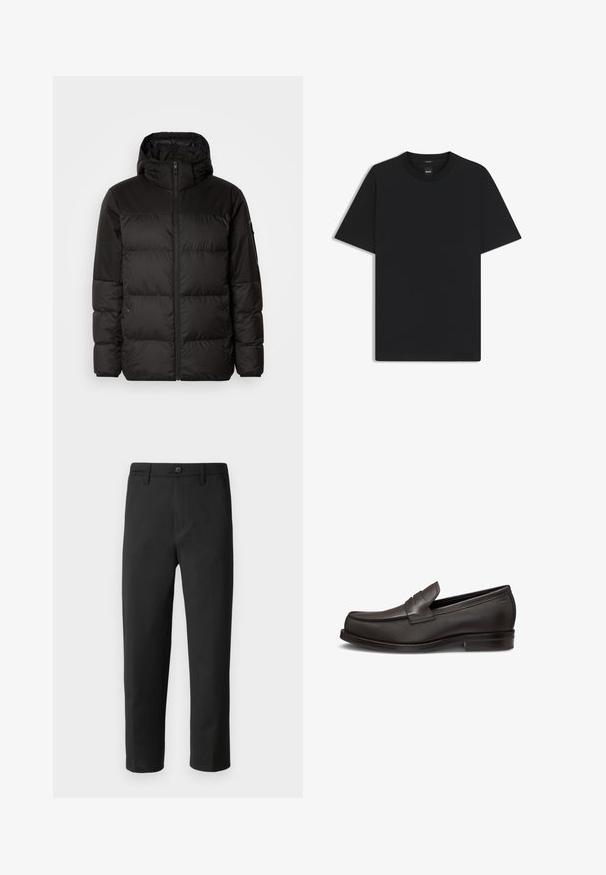 Musta puhvijakku sisältää vetoketjun, hupun, tilkuista koostuvia osioita ja joustavat hihansuut. Se on valmistettu sileästä, vedenpitävästä materiaalista.; Musta lyhythiha T-paita, joka on valmistettu sileästä puuvillasekoitteesta. Paita on varustettu pyöreällä pääntiehen ja siinä on minimaalinen muotoilu ilman kuvioita tai yksityiskohtia.; Mustat suorat housut, valmistettu sileästä kankaasta. Varustettu nappisulkimella ja vyölenkeillä. Ei näkyviä kuvioita tai yksityiskohtia.; Ruskean nahkakenkä, jossa on sileä pinta, pyöreä kärki, ommeltu yksityiskohtia ja matala lohkokorko. Helppo pukea, edessä on nauhakoriste.