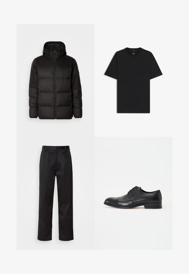 Il giubbotto puffo nero presenta una chiusura con zip, un cappuccio, sezioni trapuntate e polsini elastici, realizzato in un materiale liscio e resistente all'acqua.; Maglietta nera a maniche corte realizzata in un morbido misto cotone, con scollatura a girocollo e un design minimalista senza motivi o dettagli.; Pantaloni neri realizzati in tessuto morbido, con chiusura frontale a bottone, pieghe e gambe dritte. Nessun motivo o accento visibile.; Scarpa da uomo in pelle nera con punta tonda e quattro fori per i lacci. Presenta una superficie liscia, tacco basso e un delicato dettaglio di cucitura sulla tomaia.