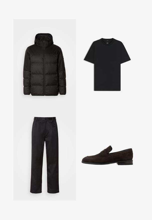 Schwarze Pufferjacke mit Reißverschluss, Kapuze, gesteppten Abschnitten und elastischen Bündchen, hergestellt aus einem glatten, wasserabweisenden Material.; Schwarz T-Shirt mit kurzen Ärmeln aus einem glatten Baumwollmix, mit Rundhalsausschnitt und einem minimalistischen Design ohne Muster oder Akzente.; Schwarze Hosen aus glattem Stoff, mit einem Knopfverschluss vorne, Falten und geraden Beinen. Keine sichtbaren Muster oder Akzente.; Dunkelbraune Wildleder Slipper mit flacher Sohle, einem gesteppten Akzent entlang der Kante und einem kleinen, erhobenen Band an der Vorderseite.