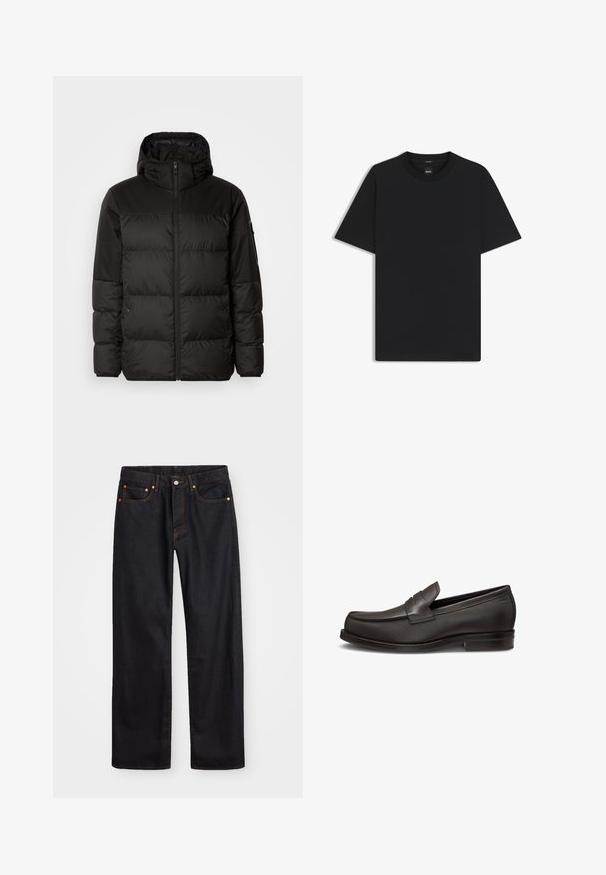 Svart puffjacka med blixtlås, huva, quiltade sektioner och elastiska mudd, tillverkad av ett slätt, vattentåligt material.; Svart kortärmad T-shirt i en mjuk bomullsblandning, med rundad halsringning och en minimalistisk design utan mönster eller detaljer.; Svart denimjeans för män med rak passform, fem fickor och orangea sömmar, med knäppning och dragkedja fram i midjan.; Bruna läderloafer med en slät yta, rund tå, sömdetaljer och en låg blockklack. Slip-on design med en framslipsaccent.