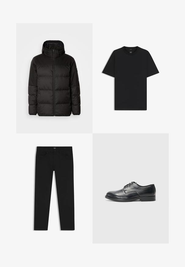 Black puffer jacket features a zip closure, a hood, quilted sections, and elastic cuffs, made from a smooth, water-resistant material.; Black short-sleeve T-shirt made from a smooth cotton blend, featuring a crew neckline and a minimalistic design with no patterns or accents.; Black denim trousers with a straight cut, featuring a standard waistband, five pockets, and a button closure. Smooth texture throughout.; Black leather dress shoe with a rounded toe, flat sole, and six eyelets for laces; smooth texture and minimalistic design.