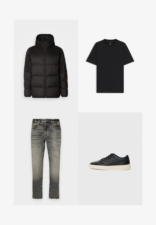 Il giubbotto puffo nero presenta una chiusura con zip, un cappuccio, sezioni trapuntate e polsini elastici, realizzato in un materiale liscio e resistente all'acqua.; Maglietta nera a maniche corte realizzata in un morbido misto cotone, con scollatura a girocollo e un design minimalista senza motivi o dettagli.; Jeans in denim nero e grigio con una finitura sbiadita, caratterizzati da una gamba dritta, due tasche frontali, una chiusura con bottone e dettagli strappati.; Sneaker in pelle nera a basso profilo con lacci neri e suola avorio, mostrato di profilo su sfondo bianco.