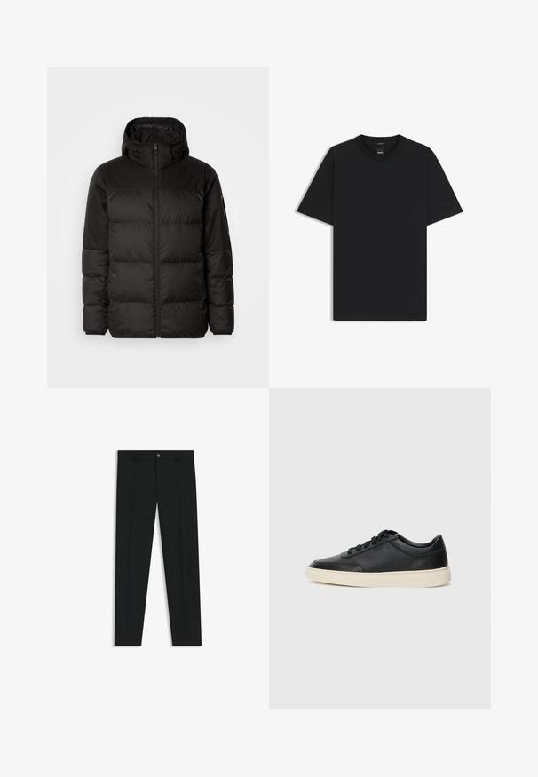 Musta puhvijakku sisältää vetoketjun, hupun, tilkuista koostuvia osioita ja joustavat hihansuut. Se on valmistettu sileästä, vedenpitävästä materiaalista.; Musta lyhythiha T-paita, joka on valmistettu sileästä puuvillasekoitteesta. Paita on varustettu pyöreällä pääntiehen ja siinä on minimaalinen muotoilu ilman kuvioita tai yksityiskohtia.; Musta housut, joissa on suora lahje, valmistettu sileästä kankaasta. Edessä nappisulku ja vyölenkit. Yksinkertainen ilman kuvioita.; Musta matalavartinen nahkastretchu, jossa on mustat nauhat ja vaaleanharmaa pohja, esitetty sivuprofiilissa valkoista taustaa vasten.