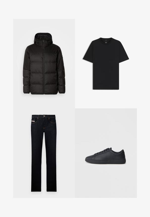 Musta puhvijakku sisältää vetoketjun, hupun, tilkuista koostuvia osioita ja joustavat hihansuut. Se on valmistettu sileästä, vedenpitävästä materiaalista.; Musta lyhythiha T-paita, joka on valmistettu sileästä puuvillasekoitteesta. Paita on varustettu pyöreällä pääntiehen ja siinä on minimaalinen muotoilu ilman kuvioita tai yksityiskohtia.; Tummansiniset farkut suoralla lahkeella, joissa on oranssia tikkauksia ja etiketti etutaskussa. Metallinappikiinnitys.; Mustat lenkkarit, jotka on valmistettu sileästä nahasta, matalalla varrella, pyöreällä varvalla ja tasaisella kumipohjalla. Varusteena nauhat ja huomaamaton brändäys.