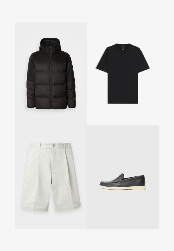 La doudoune noire est dotée d'une fermeture éclair, d'une capuche, de sections matelassées et de poignets élastiques, fabriquée à partir d'un matériau lisse et résistant à l'eau.; T-shirt noir à manches courtes en coton mélangé doux, avec un col rond et un design minimaliste sans motifs ni accents.; Shorts gris clair en tissu texturé, dotés d'une fermeture à bouton, de plis et d'une coupe droite, adaptés à une tenue décontractée.; Mocassins noirs en cuir à enfiler avec une finition texturée et une semelle en caoutchouc beige contrastante. Présente un accent subtil sur le devant.