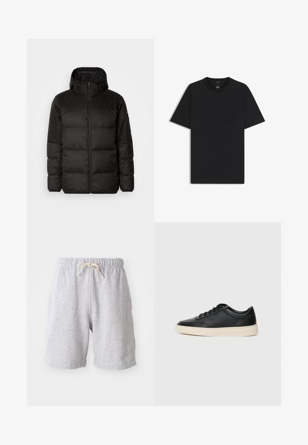 Black puffer jacket features a zip closure, a hood, quilted sections, and elastic cuffs, made from a smooth, water-resistant material.; Black short-sleeve T-shirt made from a smooth cotton blend, featuring a crew neckline and a minimalistic design with no patterns or accents.; Gray cotton shorts with an elastic waistband and drawstring. Mid-thigh length with side seams and soft texture. No pockets or visible patterns.; Black low-top leather sneaker with black laces and off-white sole shown in side profile on white background.