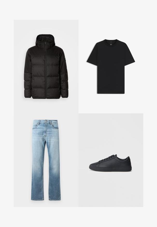 Il giubbotto puffo nero presenta una chiusura con zip, un cappuccio, sezioni trapuntate e polsini elastici, realizzato in un materiale liscio e resistente all'acqua.; Maglietta nera a maniche corte realizzata in un morbido misto cotone, con scollatura a girocollo e un design minimalista senza motivi o dettagli.; Jeans in denim blu chiaro con design a gamba dritta, caratterizzati da sbiaditure lungo le cosce, due tasche frontali e una chiusura con bottone classica.; Sneakers neri realizzati in pelle liscia, con design a bassa cima, punta rotonda e suola piatta in gomma. Presentano lacci e un branding discreto.