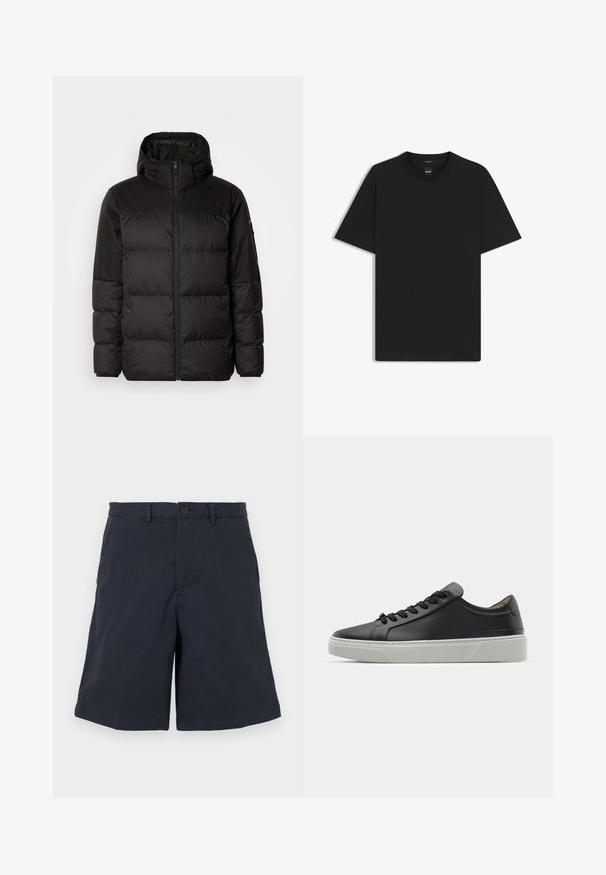 La chaqueta acolchada negra tiene un cierre de cremallera, capucha, secciones acolchadas y puños elásticos, hecha de un material suave y resistente al agua.; Camiseta negra de manga corta fabricada con una suave mezcla de algodón, que presenta un cuello redondo y un diseño minimalista sin patrones ni acentos.; Pantalones cortos azul marino de algodón, con cierre de botón, bolsillos laterales y corte recto. La tela tiene una textura suave.; Zapatilla negra de cuero con textura suave, punta redonda y cordones negros. Presenta una gruesa suela de goma blanca con sutiles acentos geométricos.