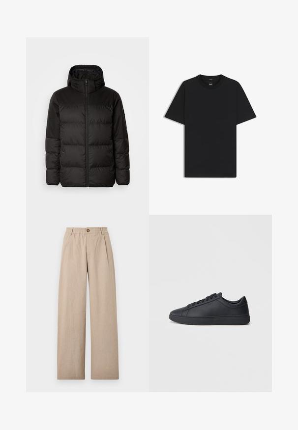 Il giubbotto puffo nero presenta una chiusura con zip, un cappuccio, sezioni trapuntate e polsini elastici, realizzato in un materiale liscio e resistente all'acqua.; Maglietta nera a maniche corte realizzata in un morbido misto cotone, con scollatura a girocollo e un design minimalista senza motivi o dettagli.; Pantaloni beige a gamba larga con finitura testurizzata, caratterizzati da pieghe e una vita elastica, fissati da un bottone di bronzo sul davanti.; Sneakers neri realizzati in pelle liscia, con design a bassa cima, punta rotonda e suola piatta in gomma. Presentano lacci e un branding discreto.