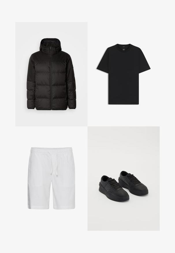 Sort pufferjakke med lynlås, hætte, quiltede sektioner og elastiske manchetter, lavet af et glat, vandafvisende materiale.; Sort kortærmet T-shirt lavet af en glat bomuldsblanding, med en rund halsudskæring og et minimalistisk design uden mønstre eller accenter.; Casual Friday CFPHELIX LINEN MIX - Shorts - bright white; Sorte sneakers lavet af glat læder med en polstret sål. Funktionen inkluderer flade snørebånd, perforeringer på tåen og en elegant silhuet.
