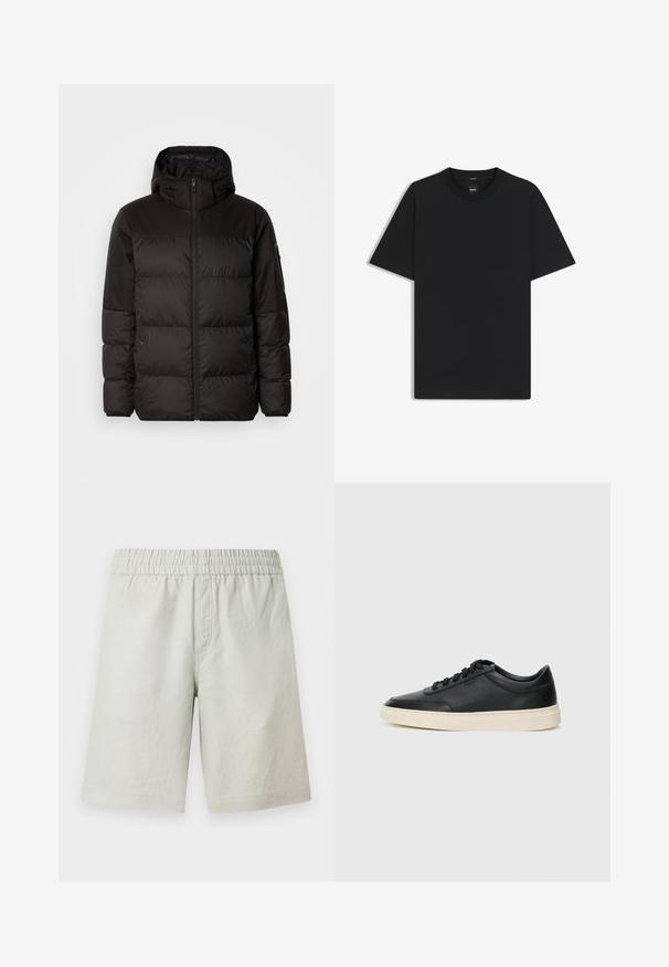 Zwarte pufferjas met ritsluiting, een capuchon, gequiltte secties en elastische manchetten, gemaakt van een glad, waterafstotend materiaal.; Zwarte korte mouwen T-shirt van een gladde katoenmix, met een ronde halslijn en een minimalistisch ontwerp zonder patronen of accenten.; Lichtgrijze short gemaakt van gestructureerde stof, voorzien van een elastische tailleband en zijzakken; rechte pasvorm.; Zwarte leren sneaker met lage schacht, zwarte veters en off-white zool, weergegeven in zijprofiel op een witte achtergrond.