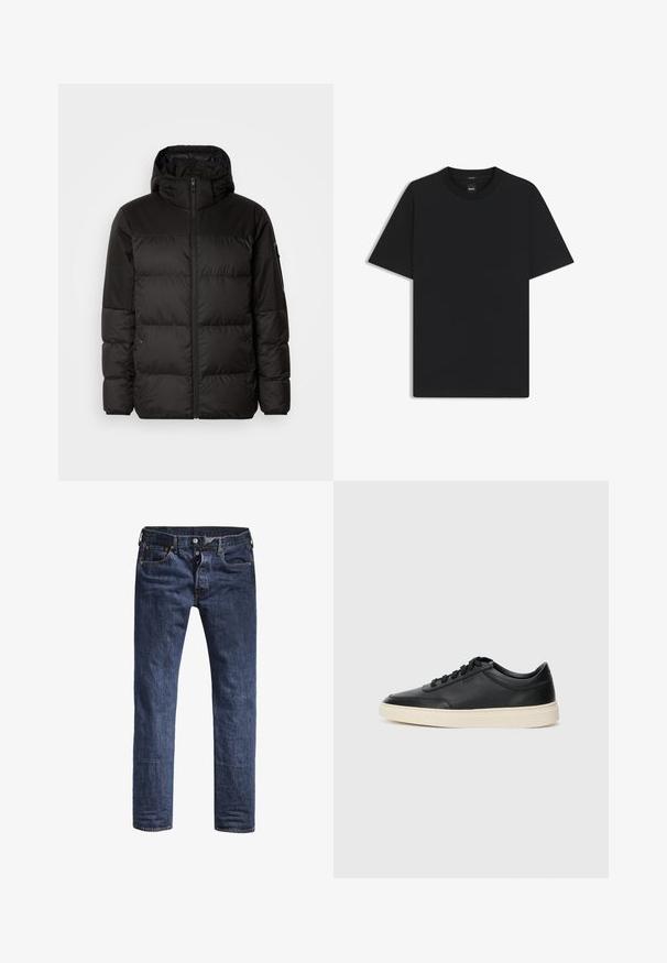 Il giubbotto puffo nero presenta una chiusura con zip, un cappuccio, sezioni trapuntate e polsini elastici, realizzato in un materiale liscio e resistente all'acqua.; Maglietta nera a maniche corte realizzata in un morbido misto cotone, con scollatura a girocollo e un design minimalista senza motivi o dettagli.; Jeans in denim blu scuro con una vestibilità slim, cinque tasche e una vita standard. Presentano cuciture visibili e accessori in metallo.; Sneaker in pelle nera a basso profilo con lacci neri e suola avorio, mostrato di profilo su sfondo bianco.