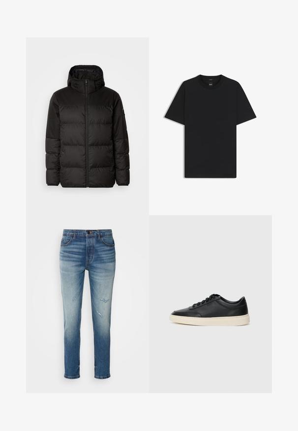 Czarna kurtka puchowa z zapięciem na zamek, kapturem, pikowanymi sekcjami i elastycznymi mankietami, wykonana z gładkiego, wodoodpornego materiału.; Czarny t-shirt krótki rękaw wykonany z gładkiej mieszanki bawełny, z okrągłym dekoltem i minimalistycznym designem bez wzorów czy akcentów.; HUGO - Jeansy Slim Fit; Czarne niskie skórzane sneakersy z czarnymi sznurówkami i off-white podeszwą, prezentowane w profilu bocznym na białym tle.