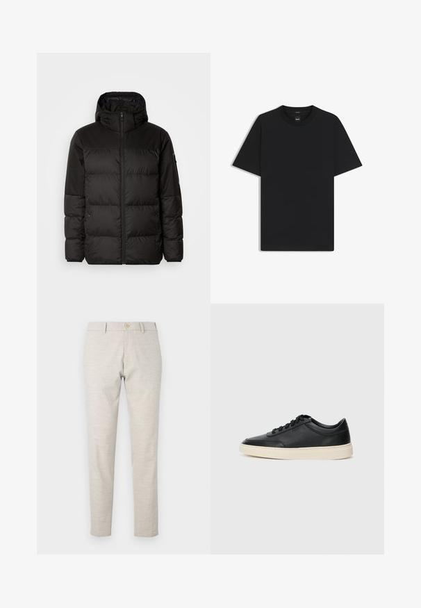 Zwarte pufferjas met ritsluiting, een capuchon, gequiltte secties en elastische manchetten, gemaakt van een glad, waterafstotend materiaal.; Zwarte korte mouwen T-shirt van een gladde katoenmix, met een ronde halslijn en een minimalistisch ontwerp zonder patronen of accenten.; Lichtbeige broeken met een rechte pasvorm, gemaakt van lichtgewicht stof. Voorzien van een enkele knoopsluiting en eenvoudige stikdetails.; Zwarte leren sneaker met lage schacht, zwarte veters en off-white zool, weergegeven in zijprofiel op een witte achtergrond.