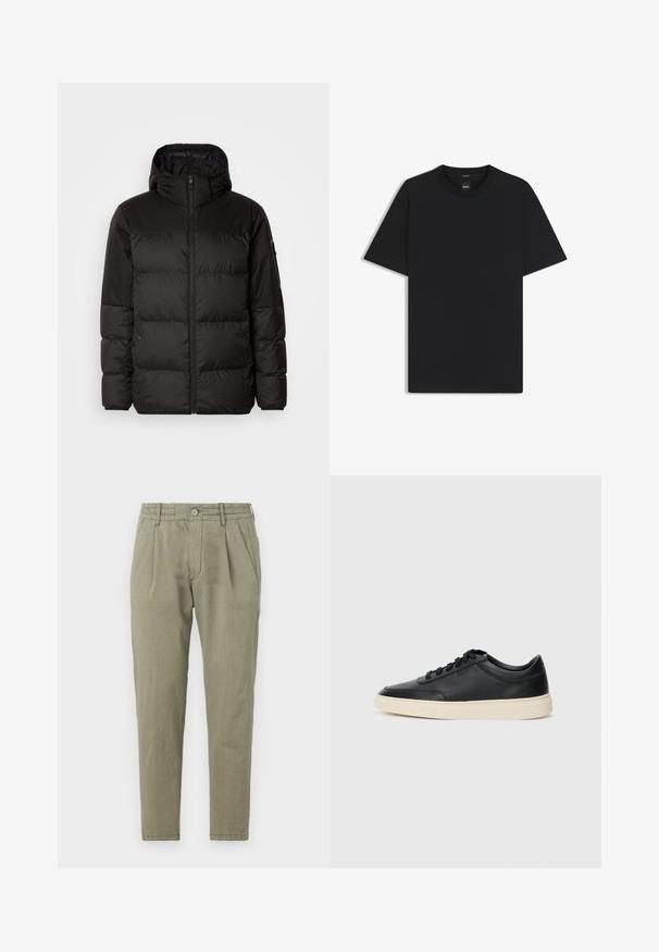 Zwarte pufferjas met ritsluiting, een capuchon, gequiltte secties en elastische manchetten, gemaakt van een glad, waterafstotend materiaal.; Zwarte korte mouwen T-shirt van een gladde katoenmix, met een ronde halslijn en een minimalistisch ontwerp zonder patronen of accenten.; Lichtgroene, taps toelopende broek gemaakt van een gestructureerde stof, met knoopsluiting, geplooide voorkant en zijzakken.; Zwarte leren sneaker met lage schacht, zwarte veters en off-white zool, weergegeven in zijprofiel op een witte achtergrond.