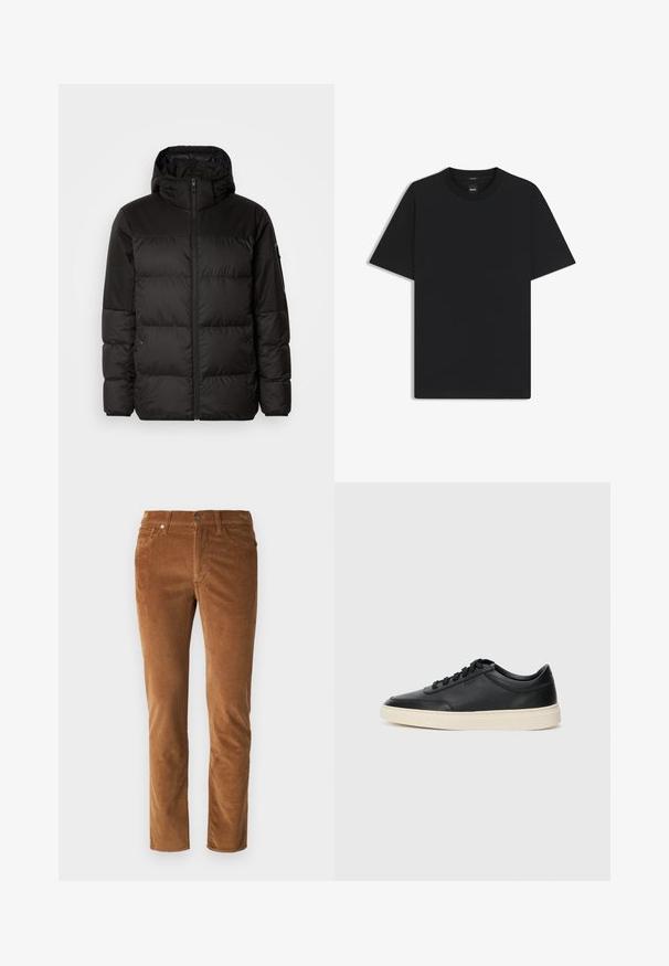 Musta puhvijakku sisältää vetoketjun, hupun, tilkuista koostuvia osioita ja joustavat hihansuut. Se on valmistettu sileästä, vedenpitävästä materiaalista.; Musta lyhythiha T-paita, joka on valmistettu sileästä puuvillasekoitteesta. Paita on varustettu pyöreällä pääntiehen ja siinä on minimaalinen muotoilu ilman kuvioita tai yksityiskohtia.; Ruske corduroy-housut suoran leikkauksen omaavina, joissa on vetskari, nappisulku ja kaksi etutaskua. Teksturoitu kangas pystysuorilla urilla.; Musta matalavartinen nahkastretchu, jossa on mustat nauhat ja vaaleanharmaa pohja, esitetty sivuprofiilissa valkoista taustaa vasten.