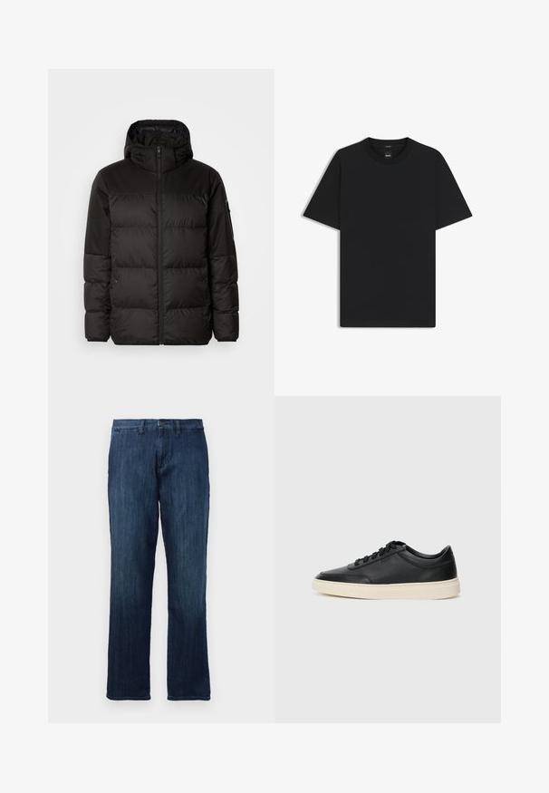 Zwarte pufferjas met ritsluiting, een capuchon, gequiltte secties en elastische manchetten, gemaakt van een glad, waterafstotend materiaal.; Zwarte korte mouwen T-shirt van een gladde katoenmix, met een ronde halslijn en een minimalistisch ontwerp zonder patronen of accenten.; Donkerblauwe denim jeans met een straight-leg ontwerp, voorzien van een sluiting met een vooraanliggende knoop en een standaard vijf-pocket stijl. Soepele textuur en gemiddeld gewicht.; Zwarte leren sneaker met lage schacht, zwarte veters en off-white zool, weergegeven in zijprofiel op een witte achtergrond.
