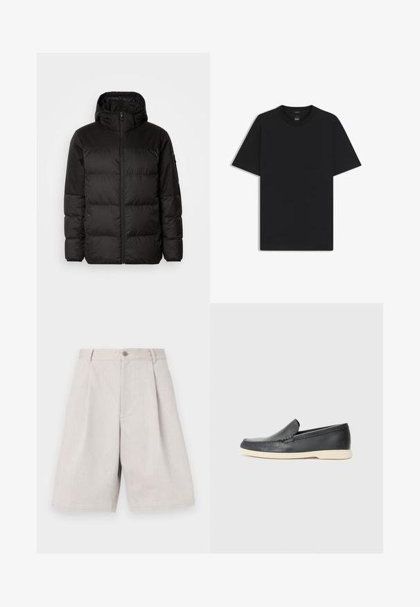 Schwarze Pufferjacke mit Reißverschluss, Kapuze, gesteppten Abschnitten und elastischen Bündchen, hergestellt aus einem glatten, wasserabweisenden Material.; Schwarz T-Shirt mit kurzen Ärmeln aus einem glatten Baumwollmix, mit Rundhalsausschnitt und einem minimalistischen Design ohne Muster oder Akzente.; Hellgraue Leinen-Shorts mit weit geschnittenem Design, ausgestattet mit einem Knopfverschluss vorne und dezenten Falten für zusätzliche Textur.; Schwarze Leder-Slipper mit strukturiertem Finish und einer kontrastierenden beige Gummisohle. Mit einem dezenten Akzent an der Vorderseite.