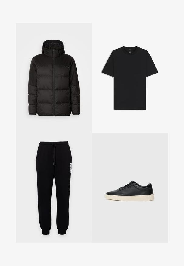 Svart puffjacka med blixtlås, huva, quiltade sektioner och elastiska mudd, tillverkad av ett slätt, vattentåligt material.; Svart kortärmad T-shirt i en mjuk bomullsblandning, med rundad halsringning och en minimalistisk design utan mönster eller detaljer.; Svarta mjukisbyxor i mjukt tyg, med resårmidja och snörning, smalnande ben och en logotyp längs sidan.; Svart låg skor i läder med svarta snören och off-white sula, visas i sidoprofil på vit bakgrund.