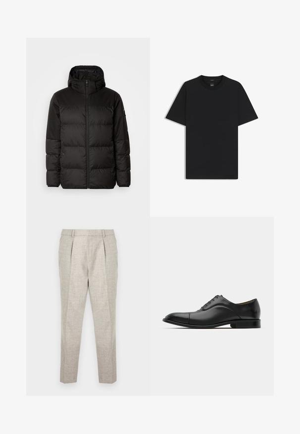 Zwarte pufferjas met ritsluiting, een capuchon, gequiltte secties en elastische manchetten, gemaakt van een glad, waterafstotend materiaal.; Zwarte korte mouwen T-shirt van een gladde katoenmix, met een ronde halslijn en een minimalistisch ontwerp zonder patronen of accenten.; Lichtgrijze, op maat gemaakte broeken van een gestructureerde stof, met een vlakke voorkant, twee voorplooien en slanke taps toelopende benen die net boven de enkels eindigen.; Zwarte leren jurk schoen met een gladde textuur, ronde neus en vijf veterogen. Beschikt over een lage gestapelde hak en subtiele naaddetails.
