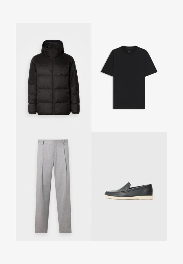 La chaqueta acolchada negra tiene un cierre de cremallera, capucha, secciones acolchadas y puños elásticos, hecha de un material suave y resistente al agua.; Camiseta negra de manga corta fabricada con una suave mezcla de algodón, que presenta un cuello redondo y un diseño minimalista sin patrones ni acentos.; Pantalones grises ajustados con una tela texturizada, que presentan pliegues, un corte recto y un diseño clásico de cinturilla.; Mocasines de piel negra sin cordones con un acabado texturizado y una suela de goma beige en contraste. Presentan un sutil acento en la parte frontal.