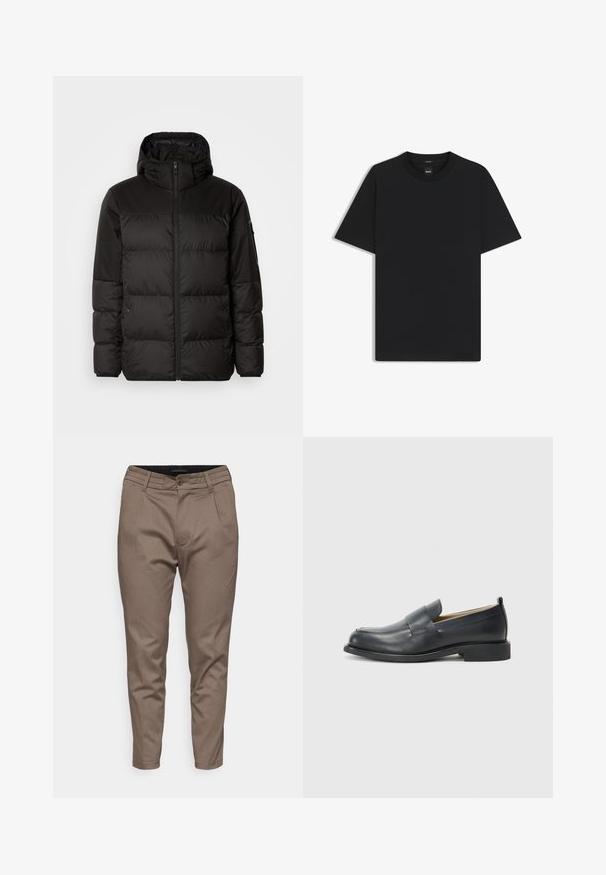 Il giubbotto puffo nero presenta una chiusura con zip, un cappuccio, sezioni trapuntate e polsini elastici, realizzato in un materiale liscio e resistente all'acqua.; Maglietta nera a maniche corte realizzata in un morbido misto cotone, con scollatura a girocollo e un design minimalista senza motivi o dettagli.; Pantaloni marroni su misura con una texture liscia, dotati di chiusura frontale con bottone, passanti per cintura e due tasche laterali.; Mocassini in pelle nera caratterizzati da una finitura liscia, suola piatta e punta arrotondata con una fascia decorativa sulla parte superiore.